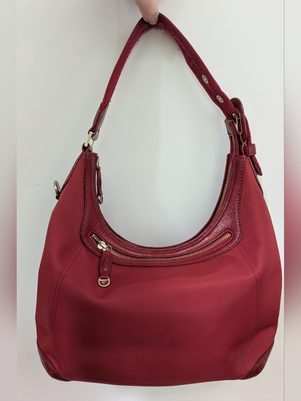 Tumi Nylon Purse/Hobo Handbag with leather trim, red Color